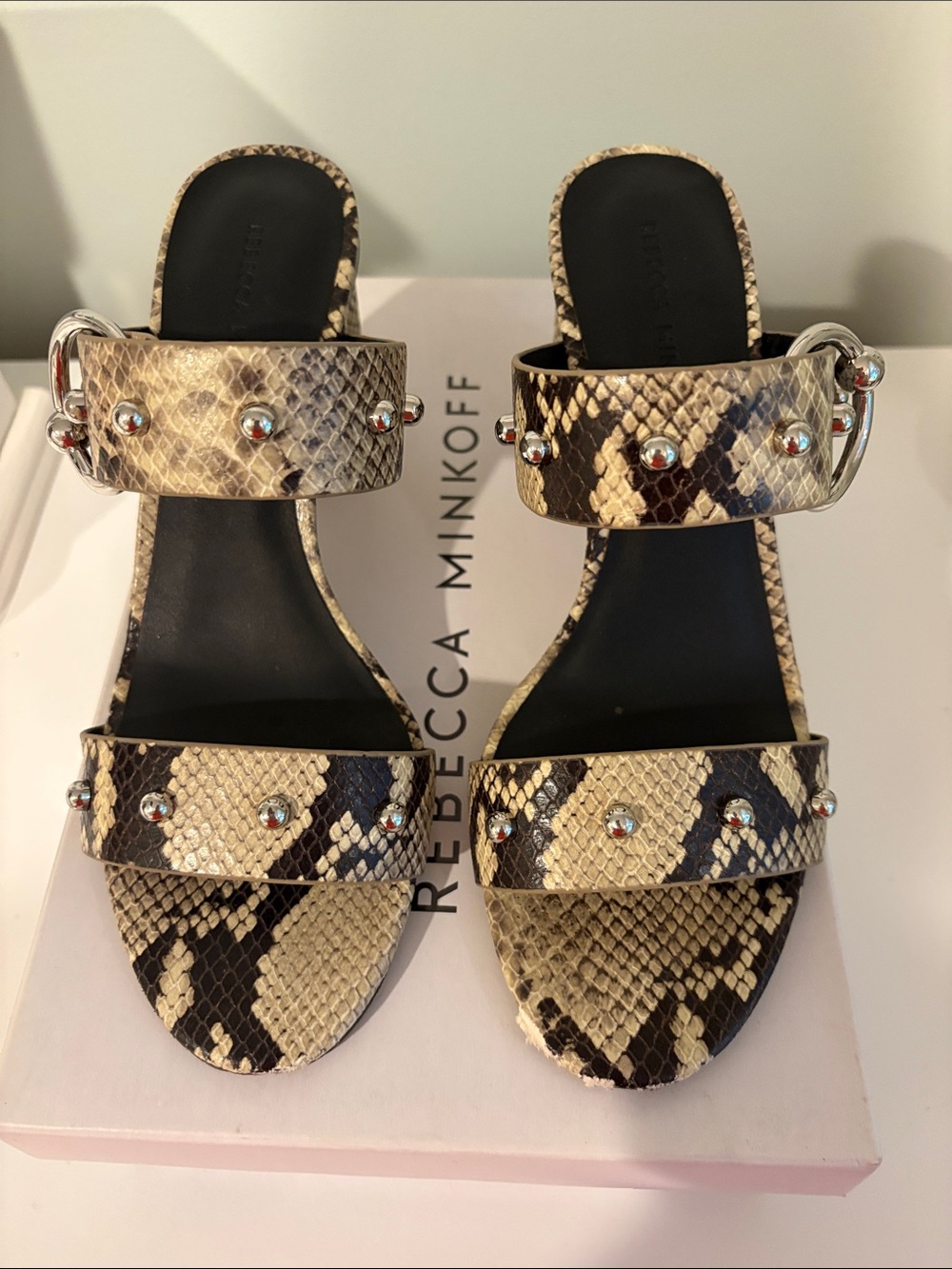 Rebecca Minkoff Black and Tan Snake-Print Stud Double-Strap Sandals